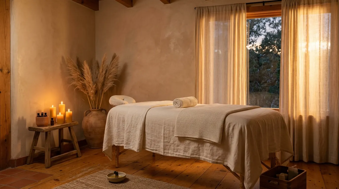 A quiet treatment room with a made-up massage table and glowing candles