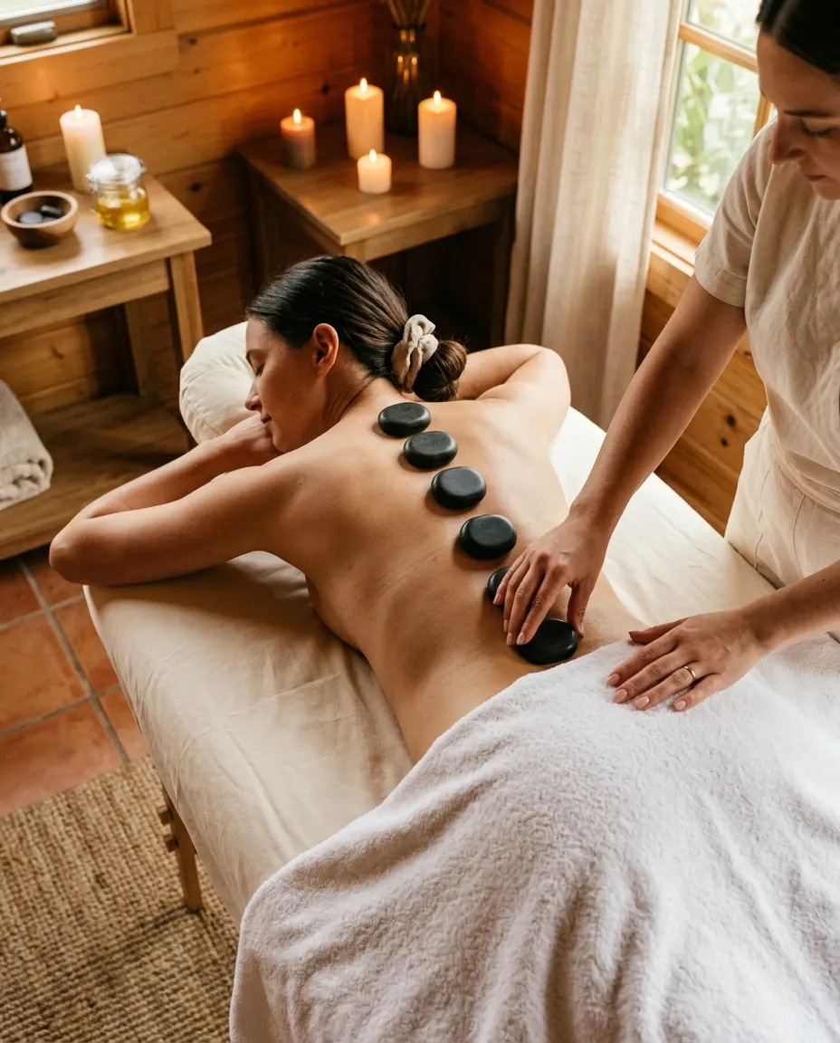 Dark basalt stones placed along a guest's back during a warm stone session