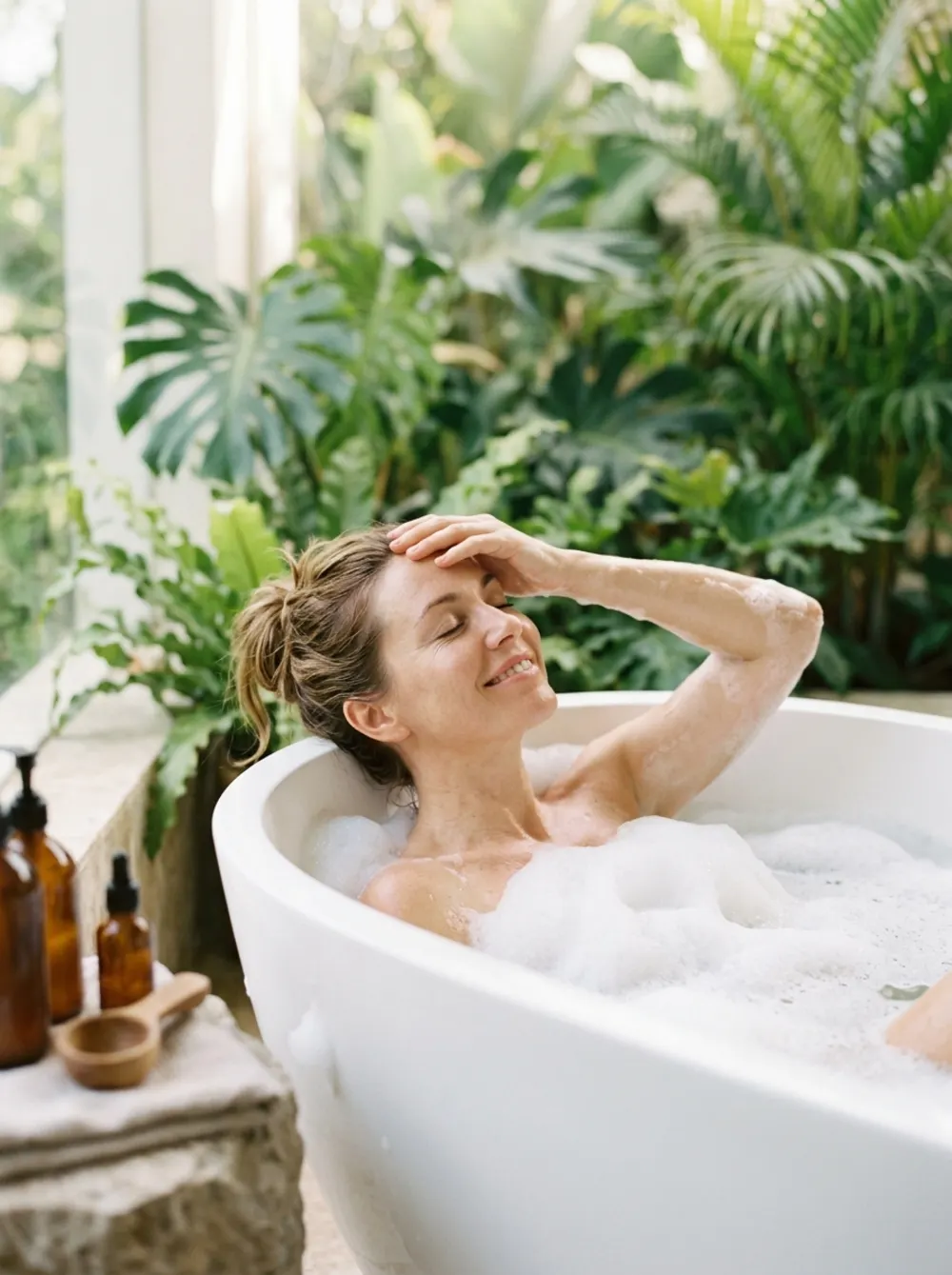 Smiling woman relaxing in a bubble bath beside green plants