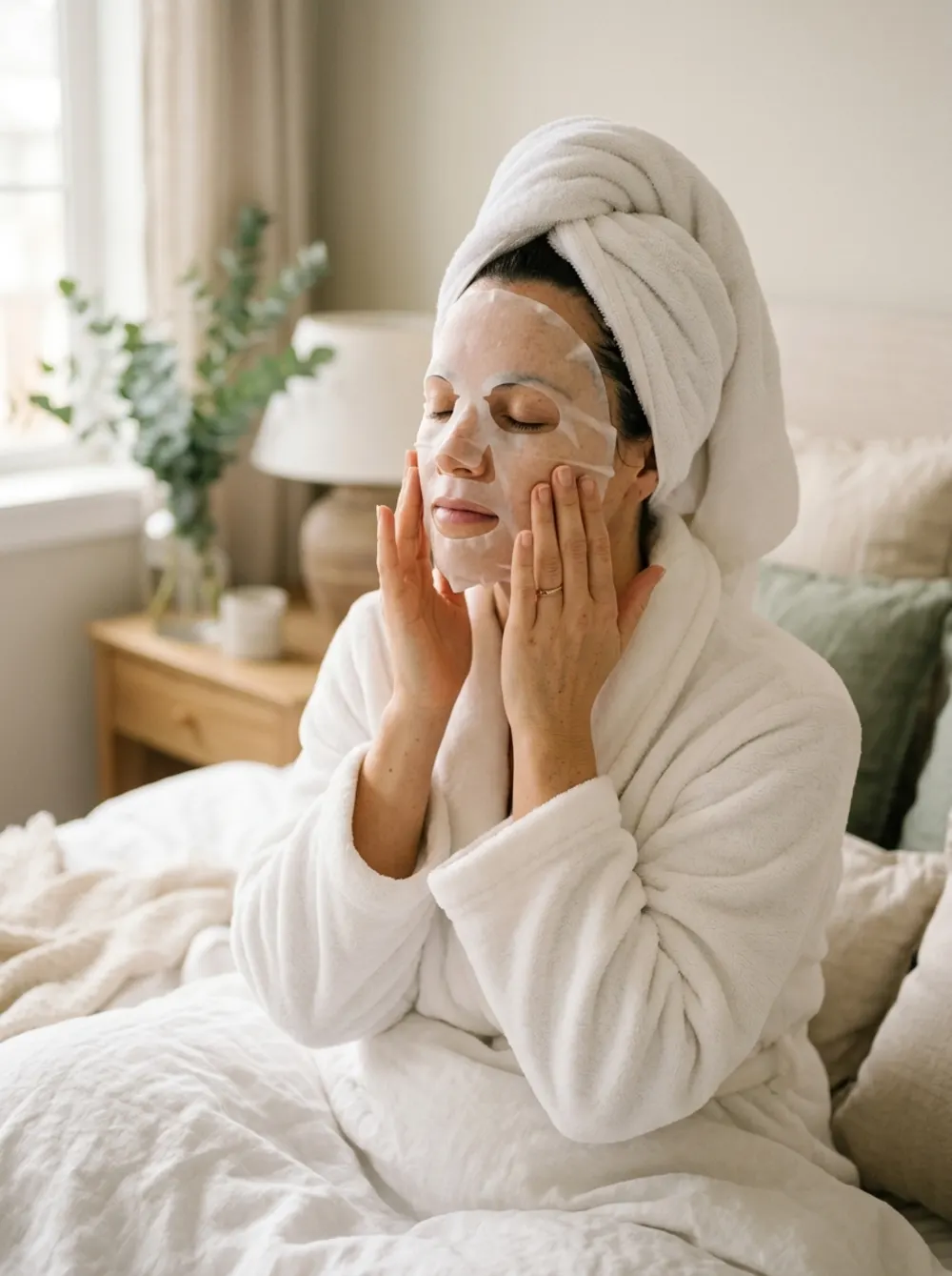 Woman in a white robe smoothing a cotton sheet mask over her face