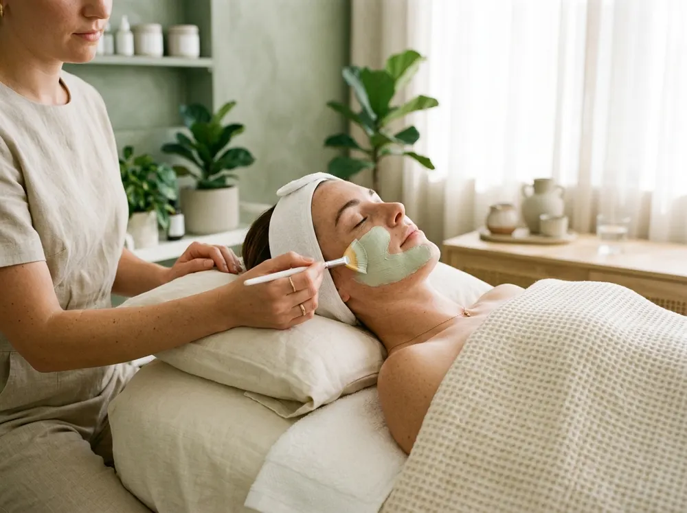 Esthetician brushing a pale green clay mask onto a relaxed guest