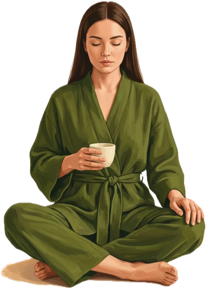 Painted illustration of a woman in an olive linen robe sitting cross-legged with a cup of tea