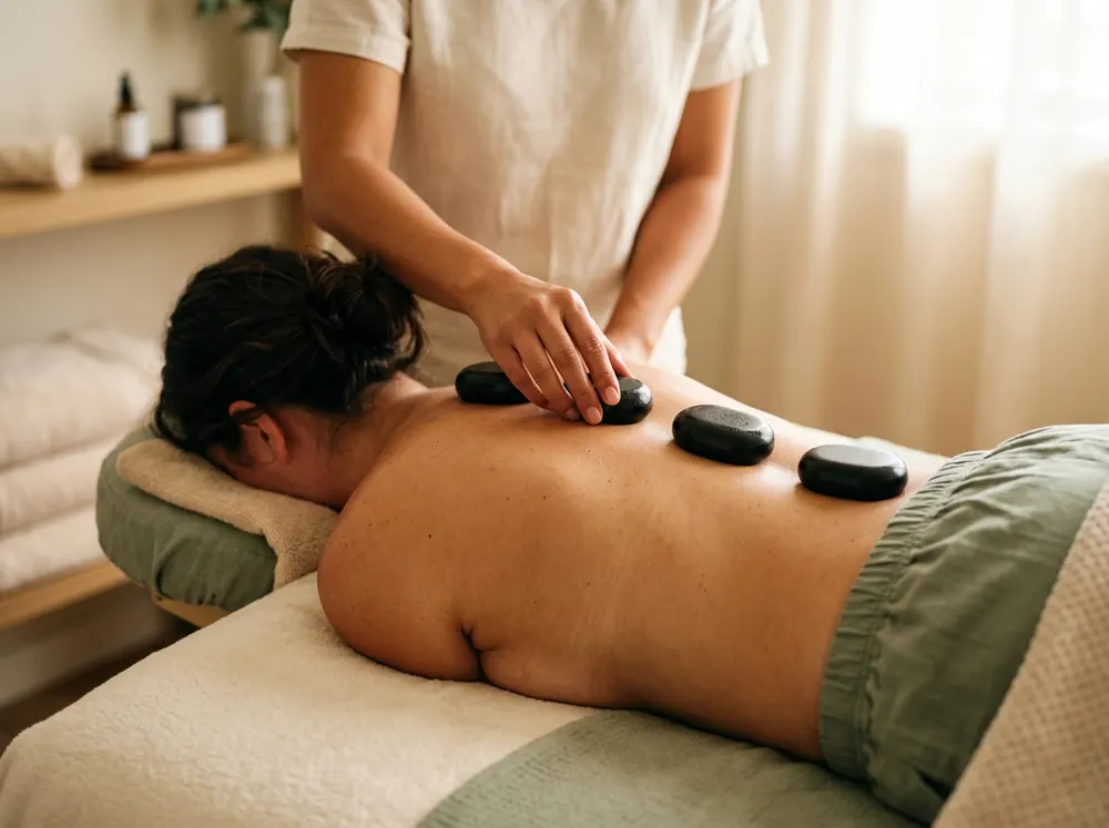 Therapist placing warm dark stones along a guest’s back