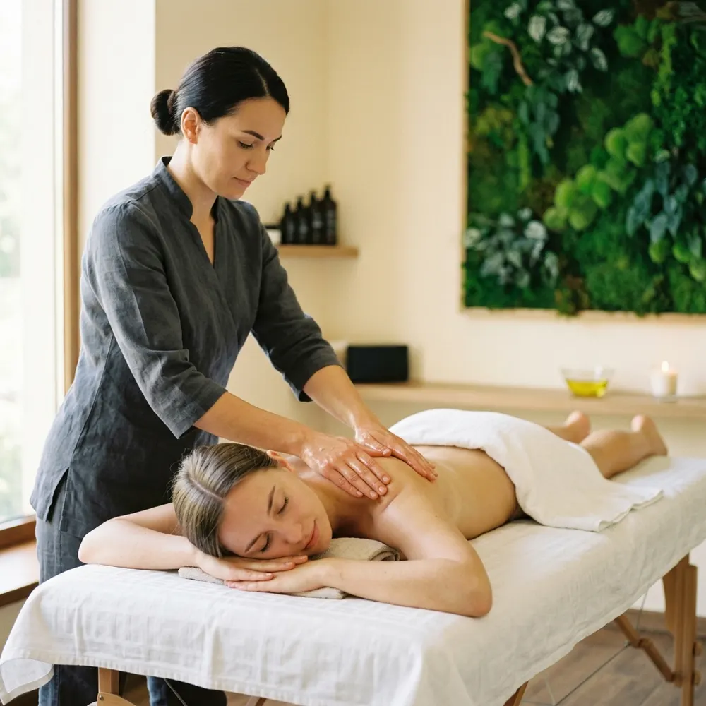 Therapist in a charcoal tunic giving a back massage beside a moss wall