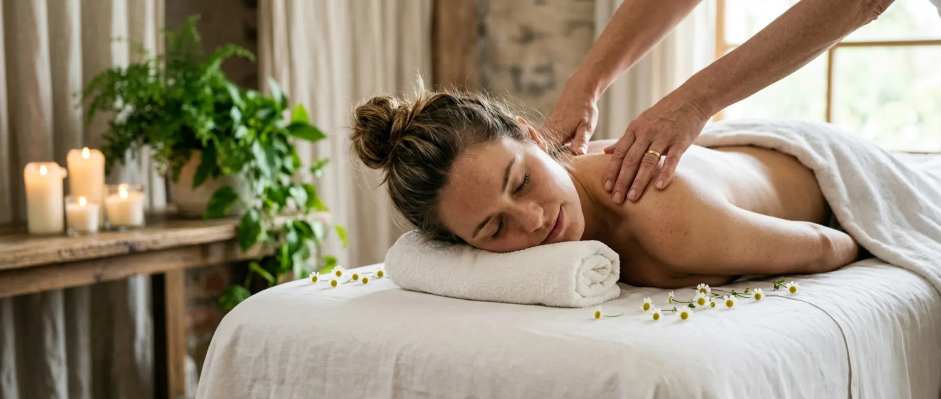 Guest resting on a massage table while a therapist works on her shoulders