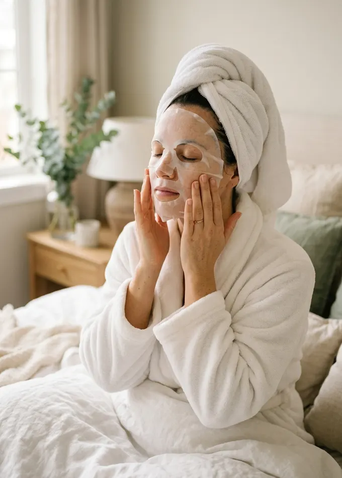 Woman in a white robe smoothing a cotton sheet mask over her face
