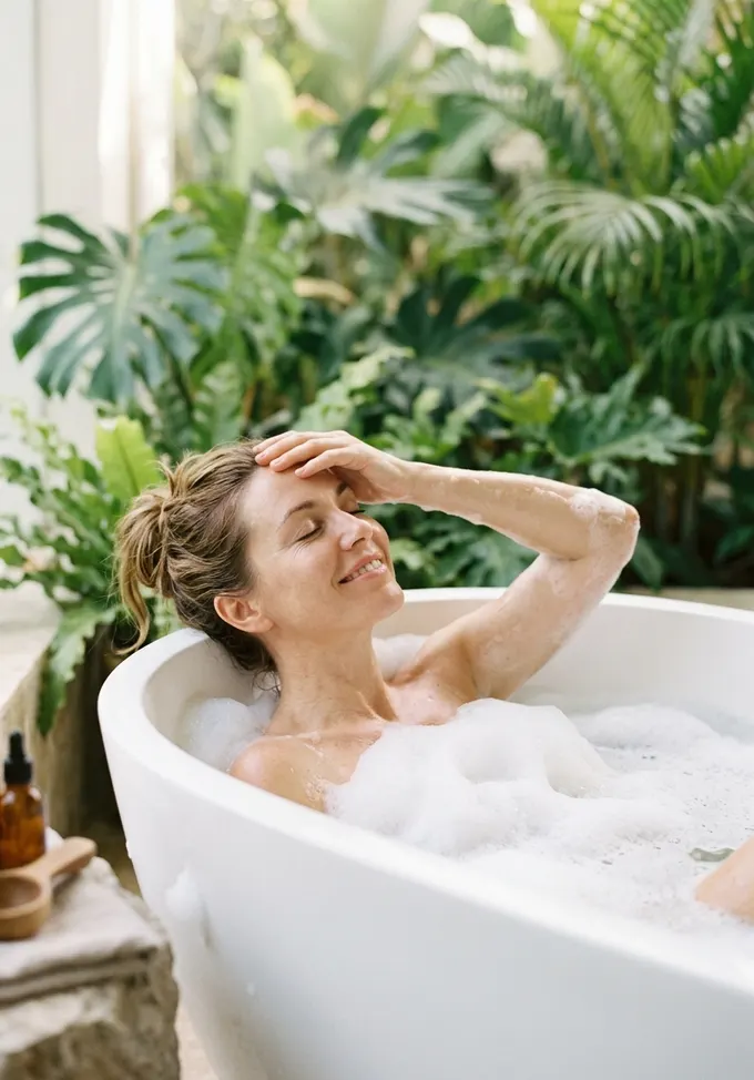 Smiling woman relaxing in a bubble bath beside green plants