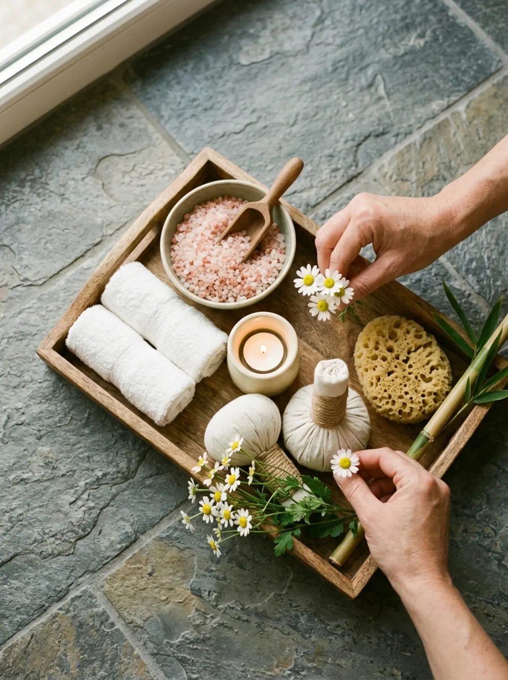 Wooden tray with rolled towels, bath salt, herbal compresses and a tea light