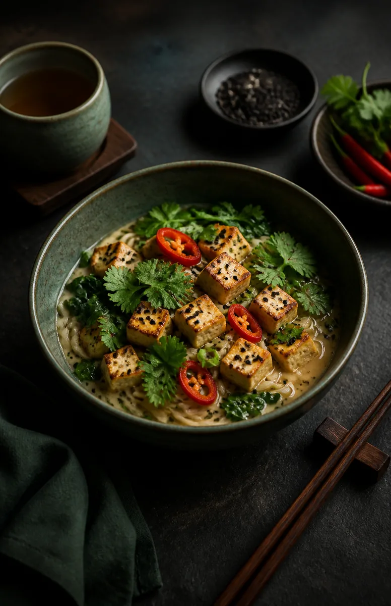 A noodle bowl with chilli and sesame on slate
