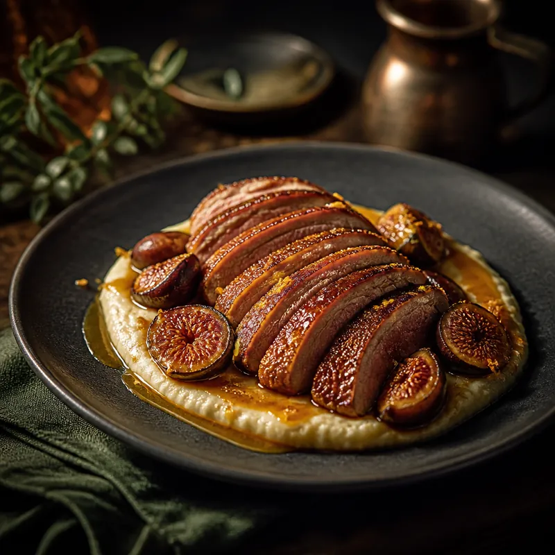 Duck with celeriac and fig on a dark plate