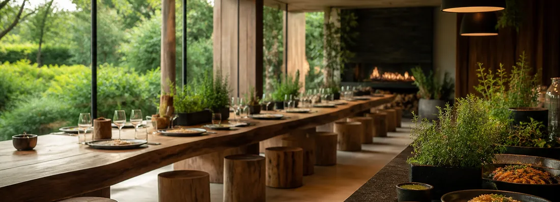 The dining room with its long timber bench and garden windows