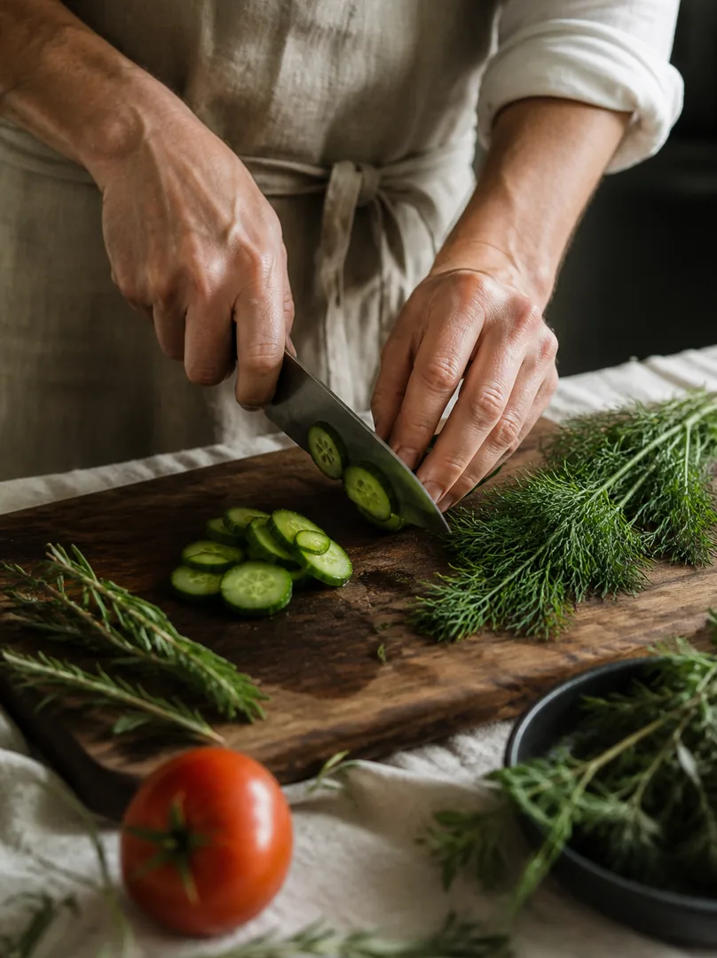 Herbs and cucumber being sliced on a board