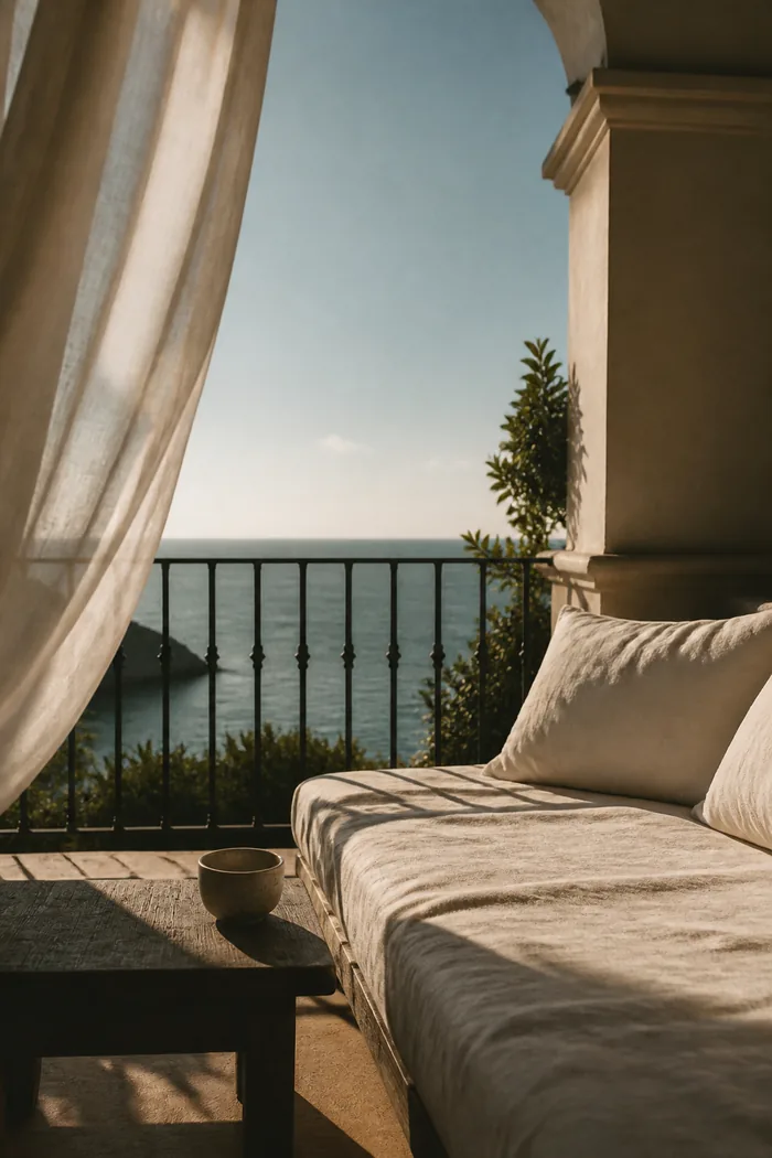 A balcony daybed with a curtain lifting in the breeze above the sea.