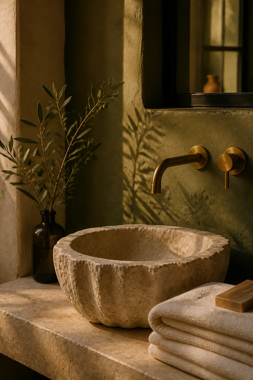 A carved stone basin, folded towels and a sprig of olive in a bottle.