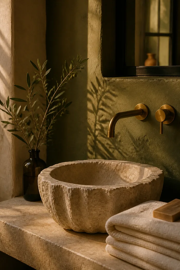 A carved stone basin with folded towels and a brass tap.