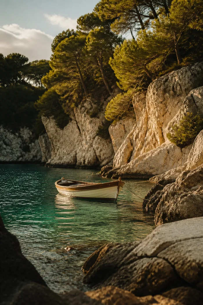 A small wooden boat moored in a clear turquoise cove below limestone cliffs.