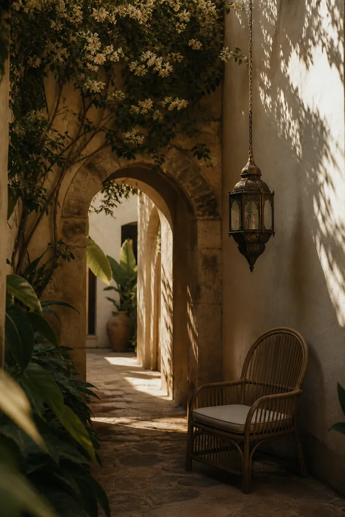 The courtyard arch with a hanging lantern.