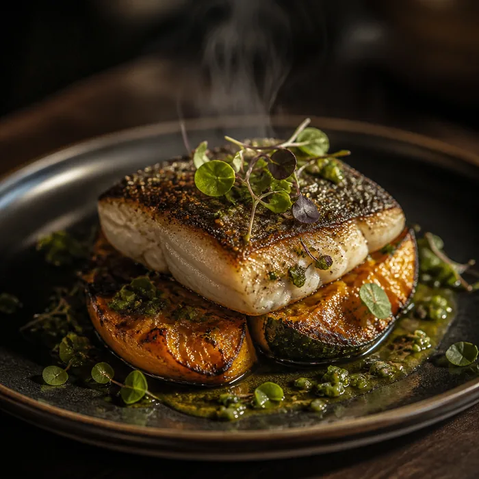 Seared fish with roasted squash on a dark plate.