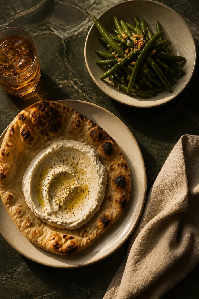 An overhead view of a laid table with flatbread and small plates.
