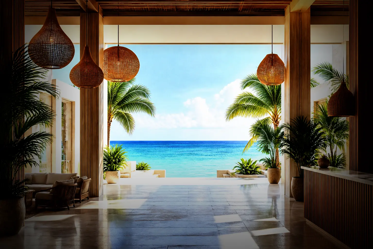 The open lobby at Alba Bay Cove looking out between teak columns to the sea.
