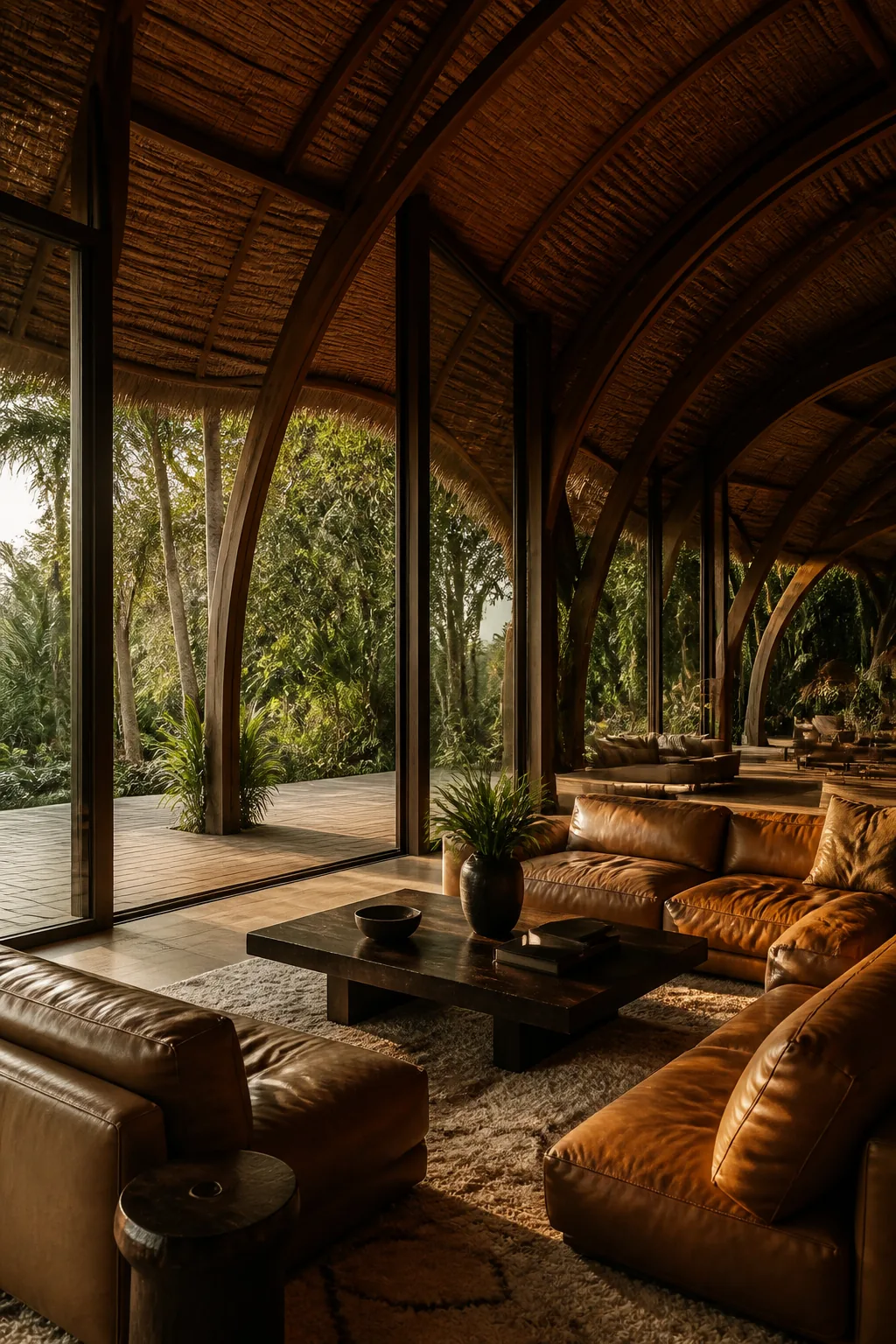 The lounge under its curved timber roof, seen the length of the room.