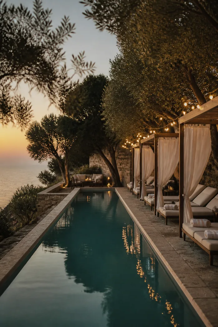 The pool terrace at dusk with string lights in the olive trees.