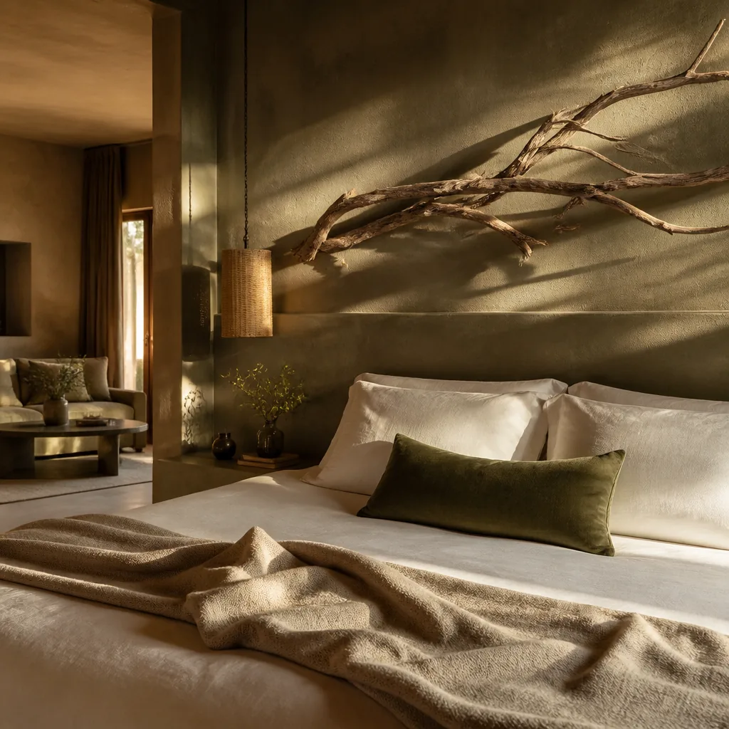 A room with a limewashed plaster wall, a driftwood branch and a folded cream throw.