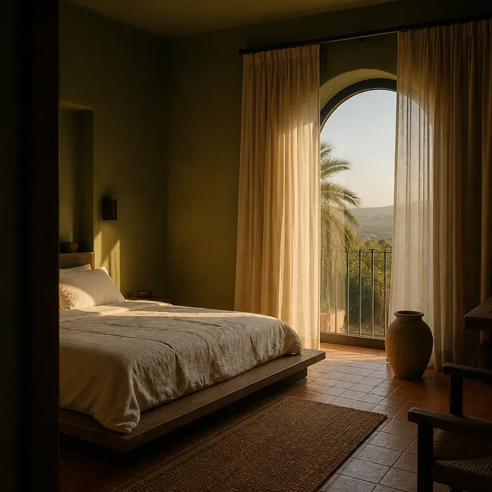 Linen bedding and a low wooden bed in the Lantern suite.