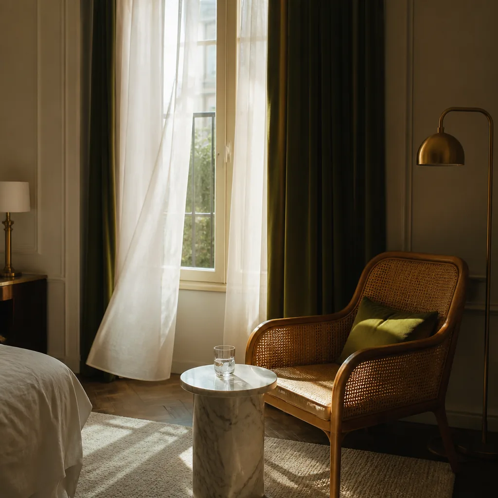 A bright room corner with a tall window, a rattan chair and a marble side table.