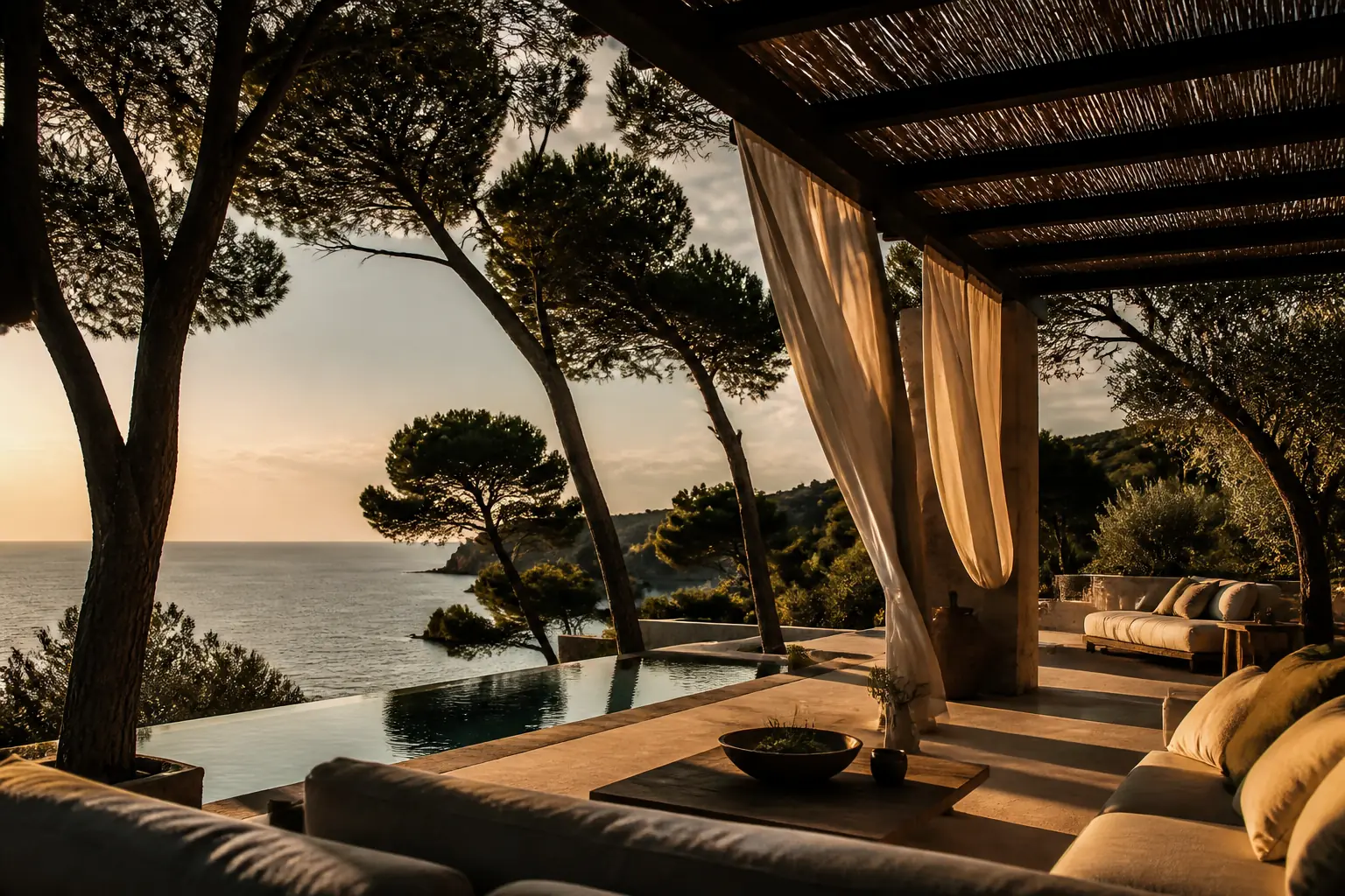 The terrace at dusk above the sea, pergola fabric moving in the wind.