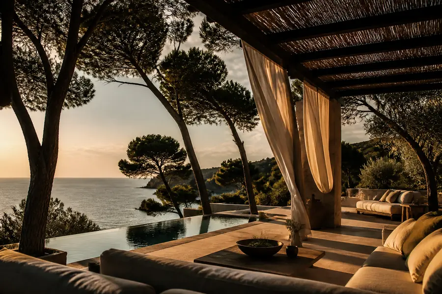 The terrace at dusk with the pool edge and the sea behind.