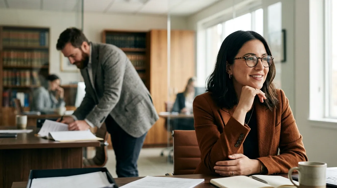 Attorney smiling at her desk while a colleague reviews files