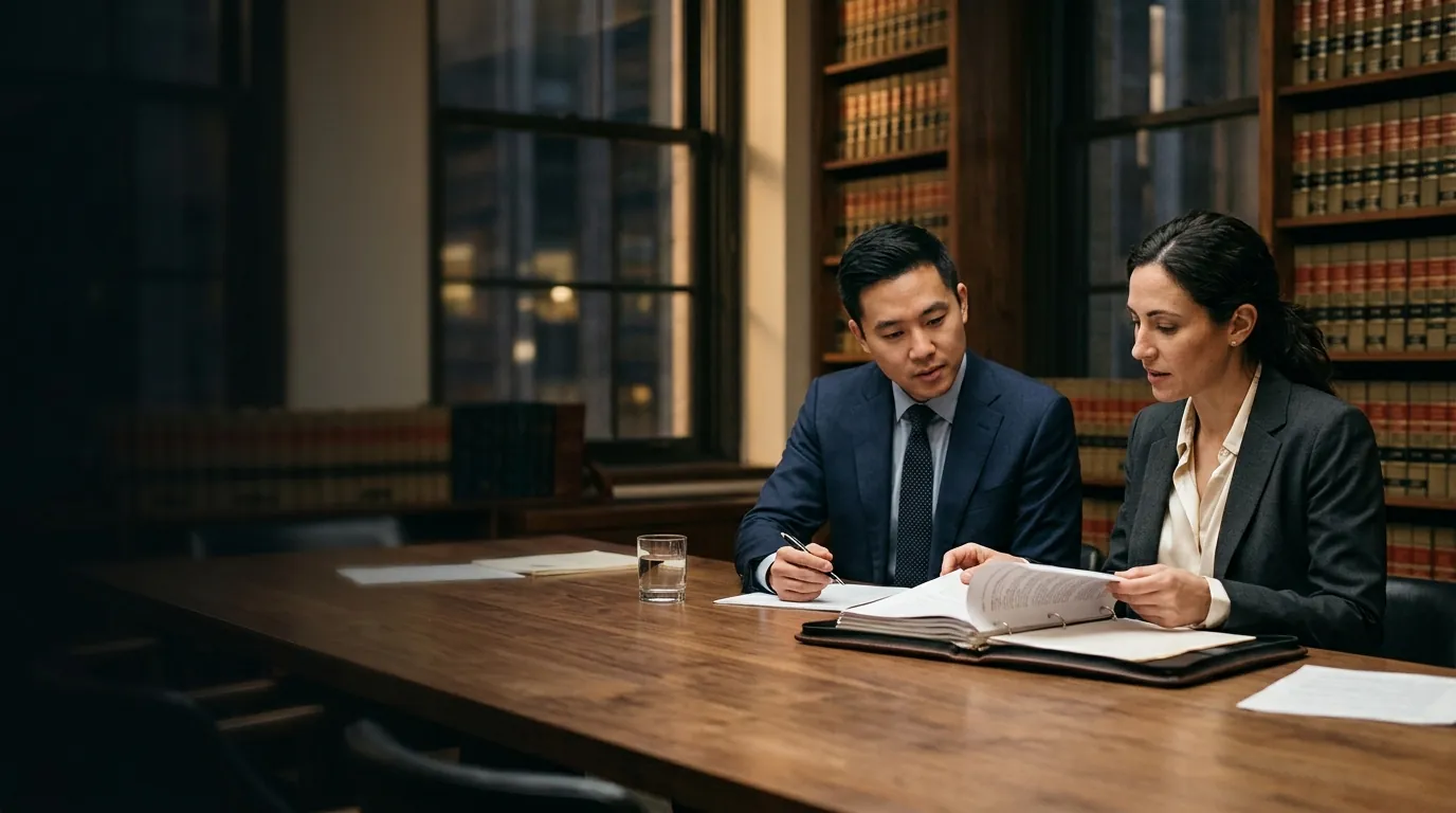 Two attorneys reviewing a case binder in a conference room