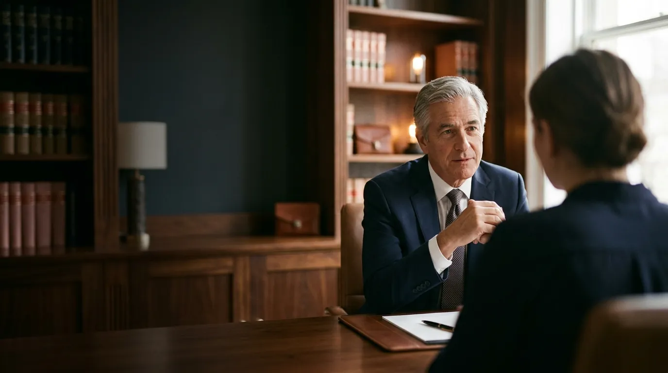 Senior attorney listening to a client in a wood-panelled office