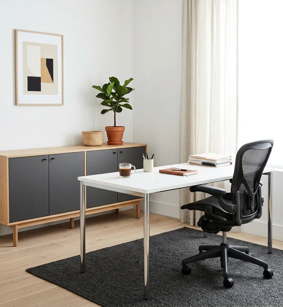 Bright office corner with an oak sideboard and a mesh desk chair