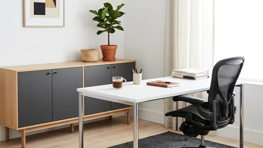 Quiet office corner with pale oak cabinets