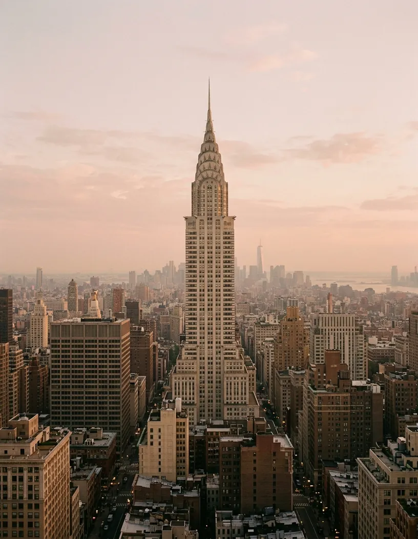 Stepped art deco tower rising above a hazy city at dusk