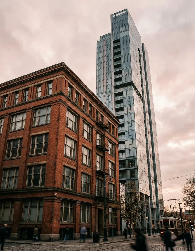 Red brick office block beside a glass residential tower