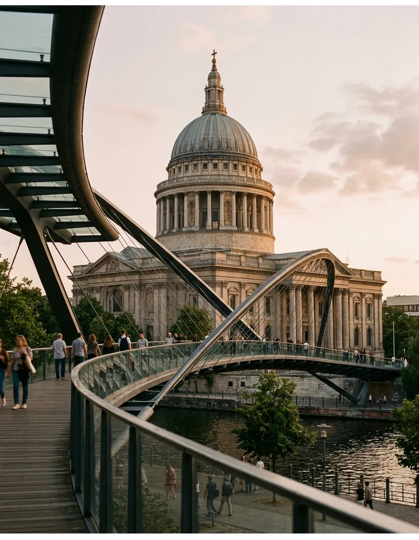 Domed civic building behind a curving steel footbridge