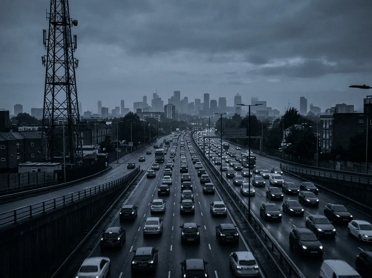 Evening traffic on a city expressway leading toward downtown towers