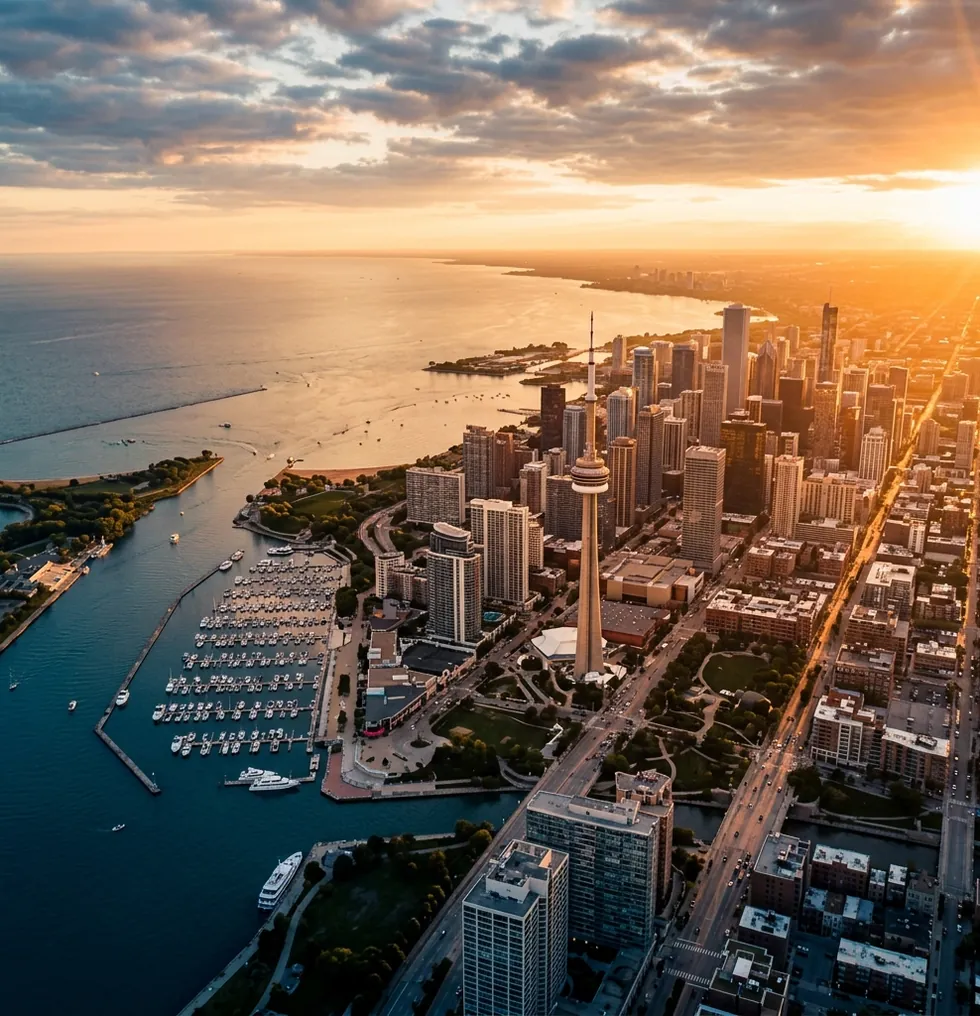 Lakeside downtown and marina seen from above at golden hour