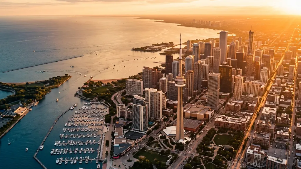 Aerial view of a lakeside downtown at sunset