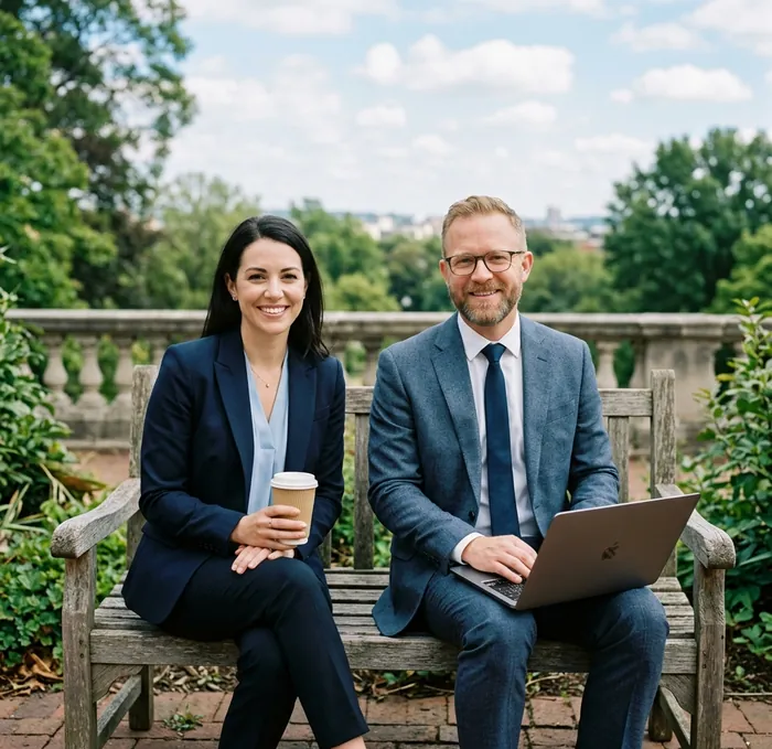 Two Landry Ostrander attorneys meeting outdoors with coffee and a laptop