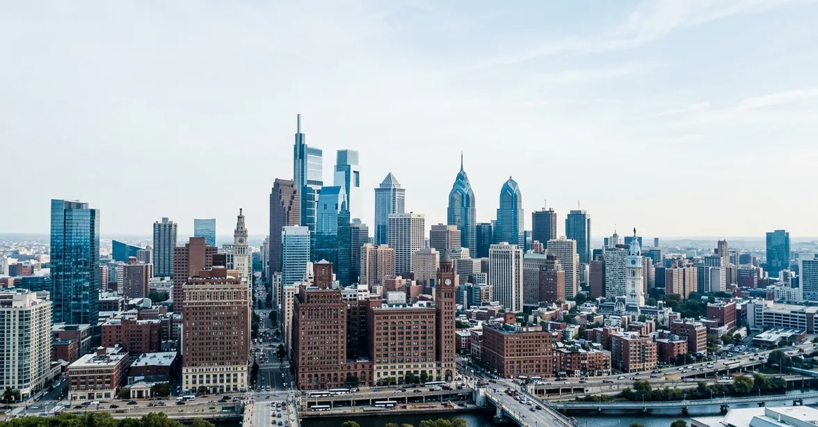 Downtown skyline with a navy overlay