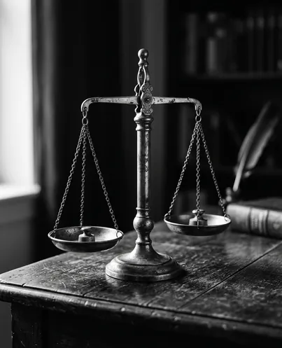 Antique scales of justice on a wooden desk