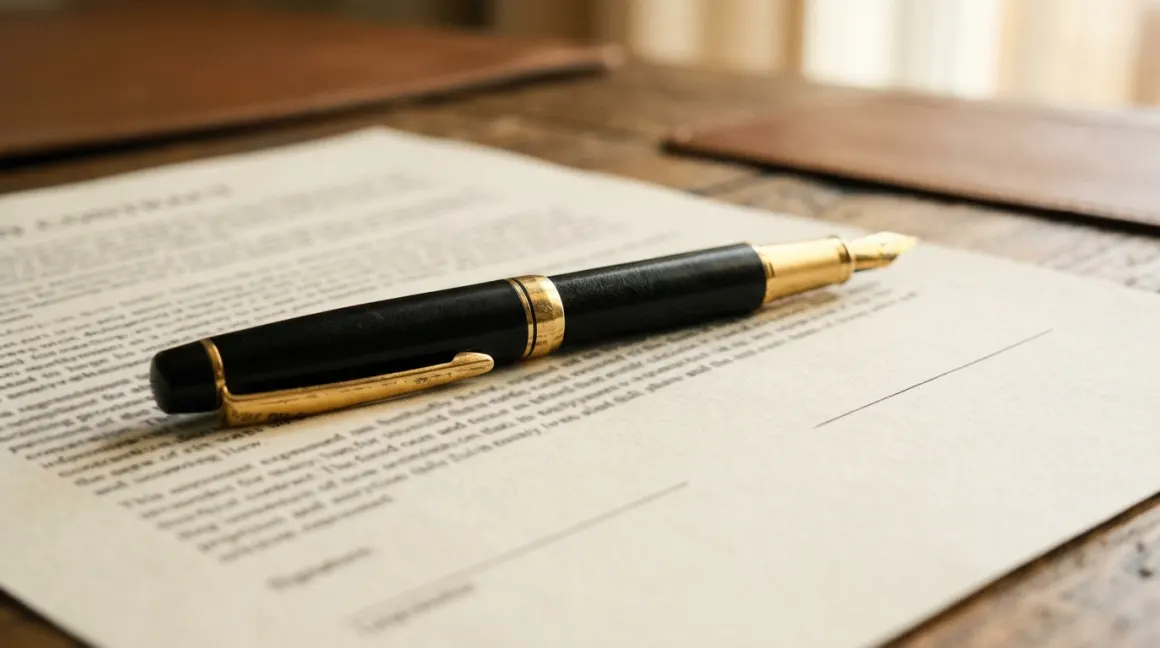 A black and gold pen resting on a printed contract page