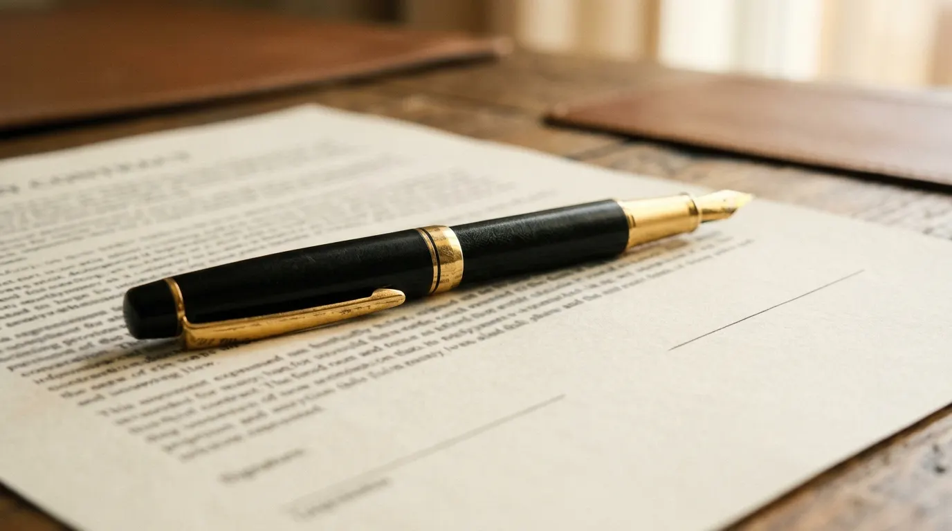 A black and gold pen resting on a printed contract page