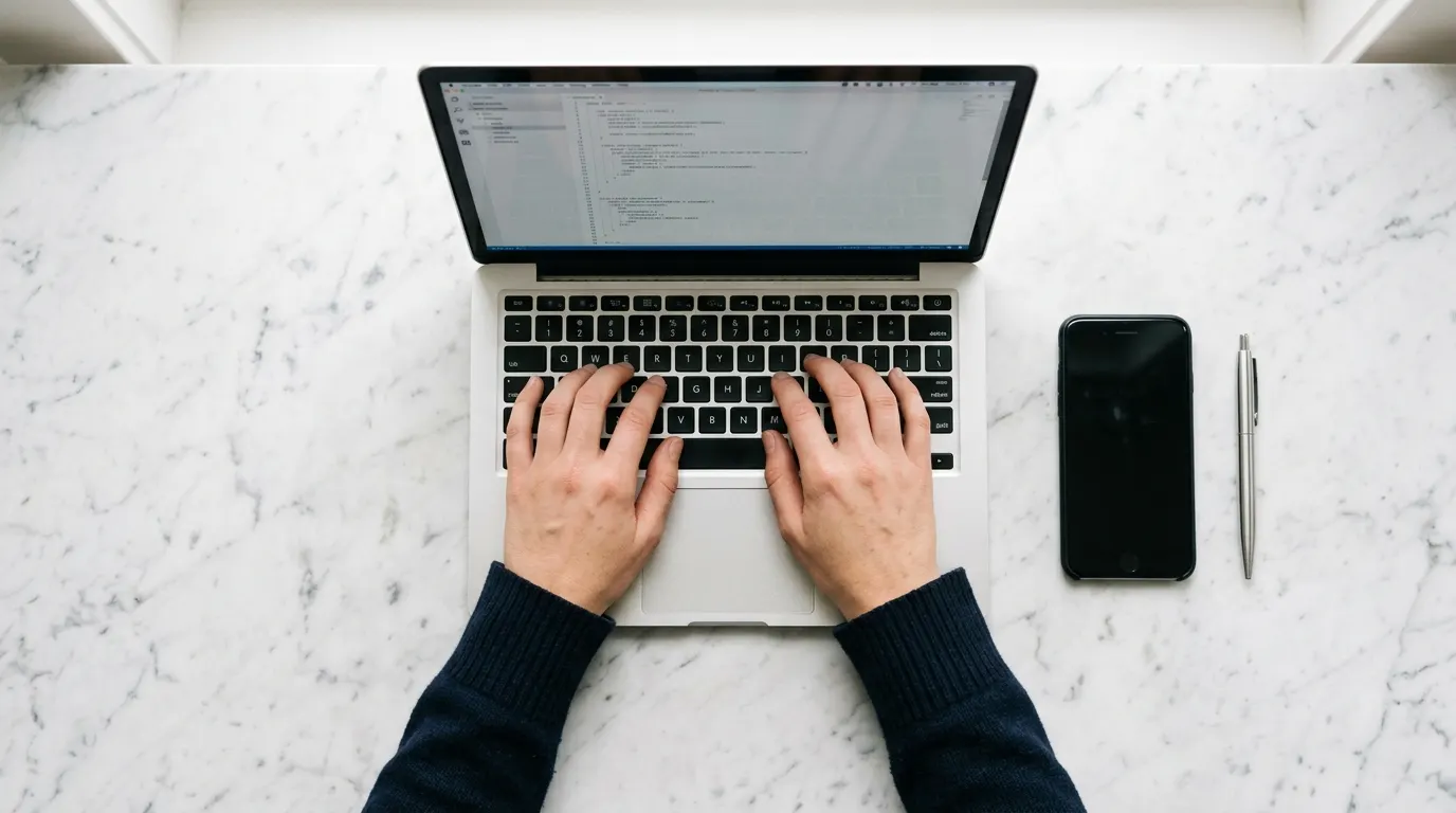 Hands typing on a silver laptop beside a phone and pen on a marble desk