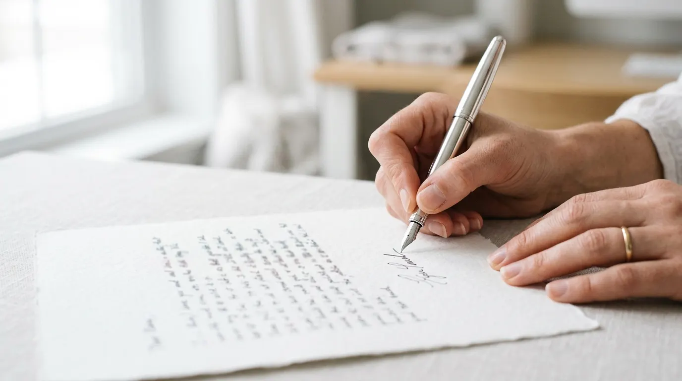 A hand signing the last page of a letter with a silver fountain pen