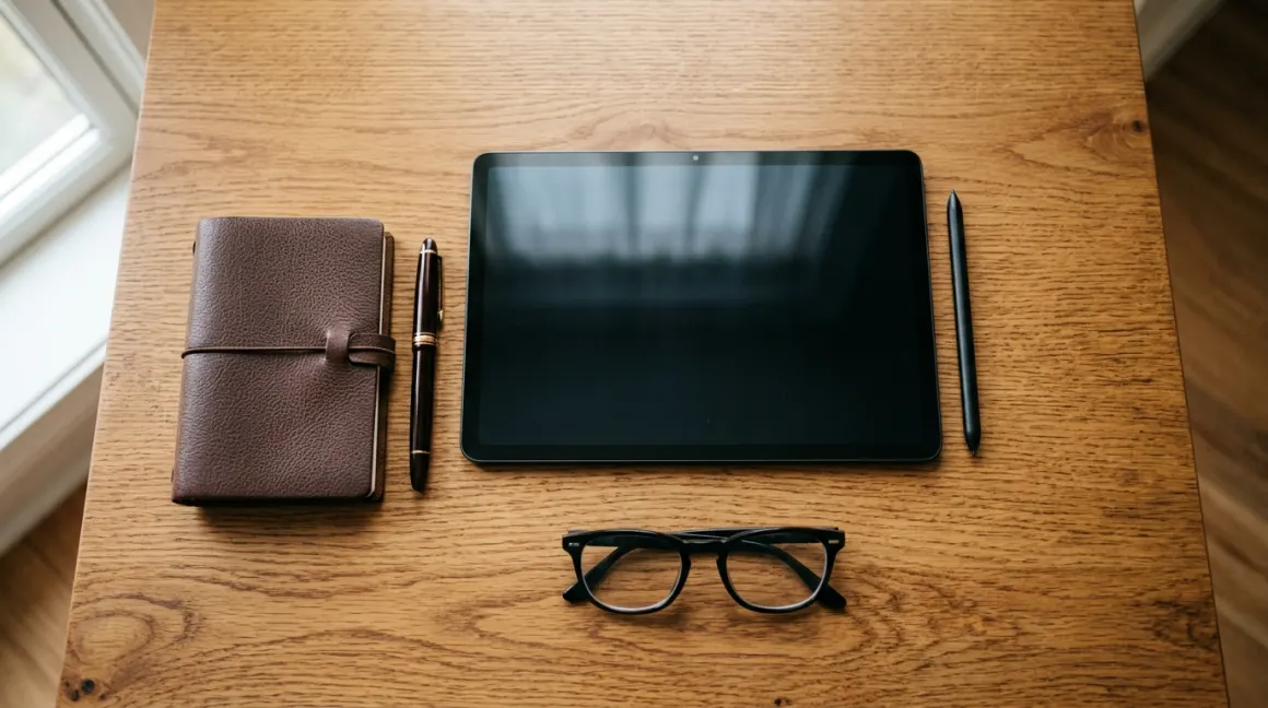 A tablet, stylus, reading glasses, pen and leather notebook on an oak desk